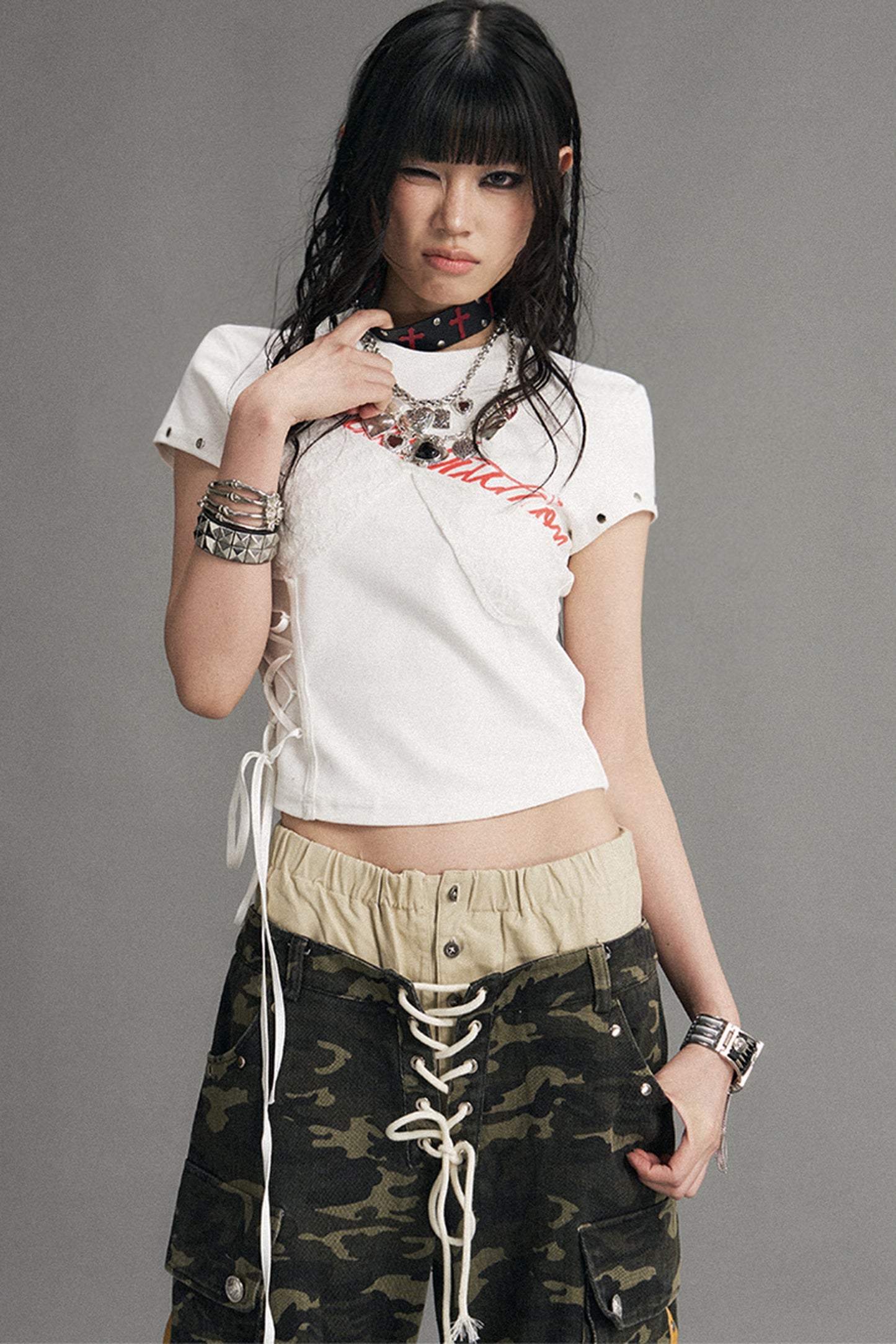 Punk Lace-Up Graphic Print Top