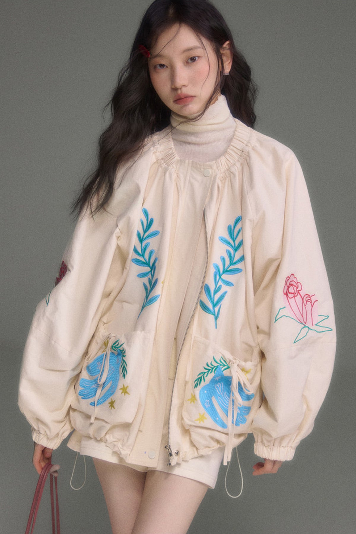 Loose Birds Olive Floral Embroidered Drawstring Jacket
