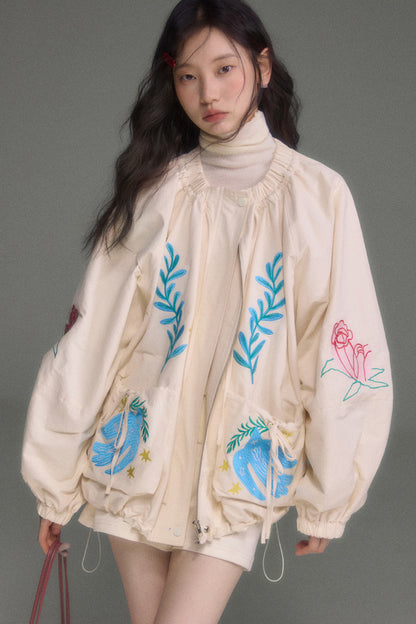 Loose Birds Olive Floral Embroidered Drawstring Jacket