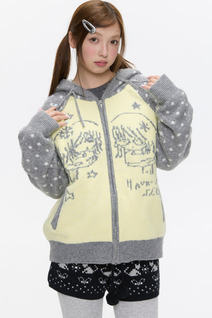 Polka Dot Raglan Zip Sweater