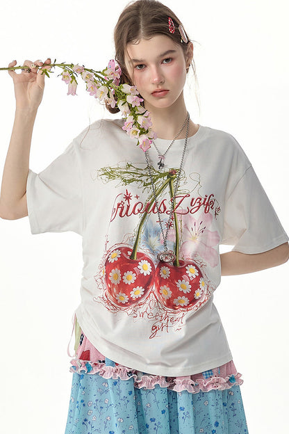 Cherry Daisy Print Short Sleeve T-Shirt