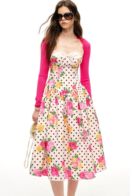 Polka Dot Rose Print Bra Dress Set-Up