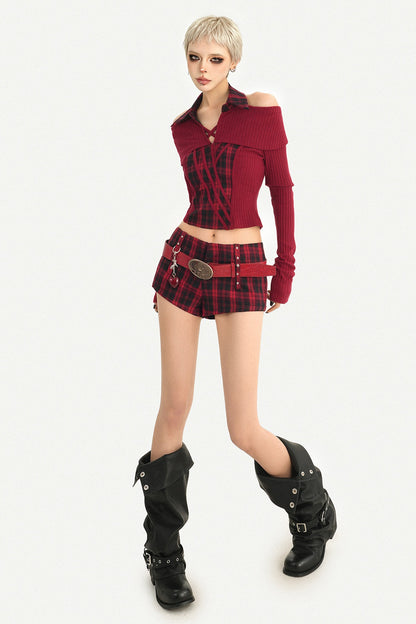 Red Black Off-Shoulder Knit Top and Shorts Set-Up