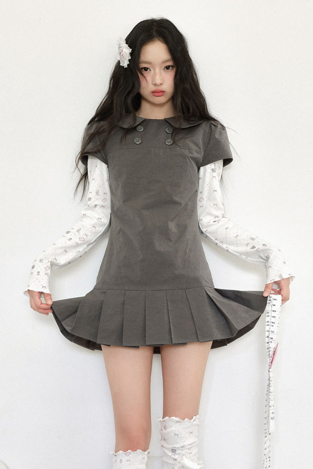 Gray Low-Waist Double-Breasted Patchwork Pleated Dress