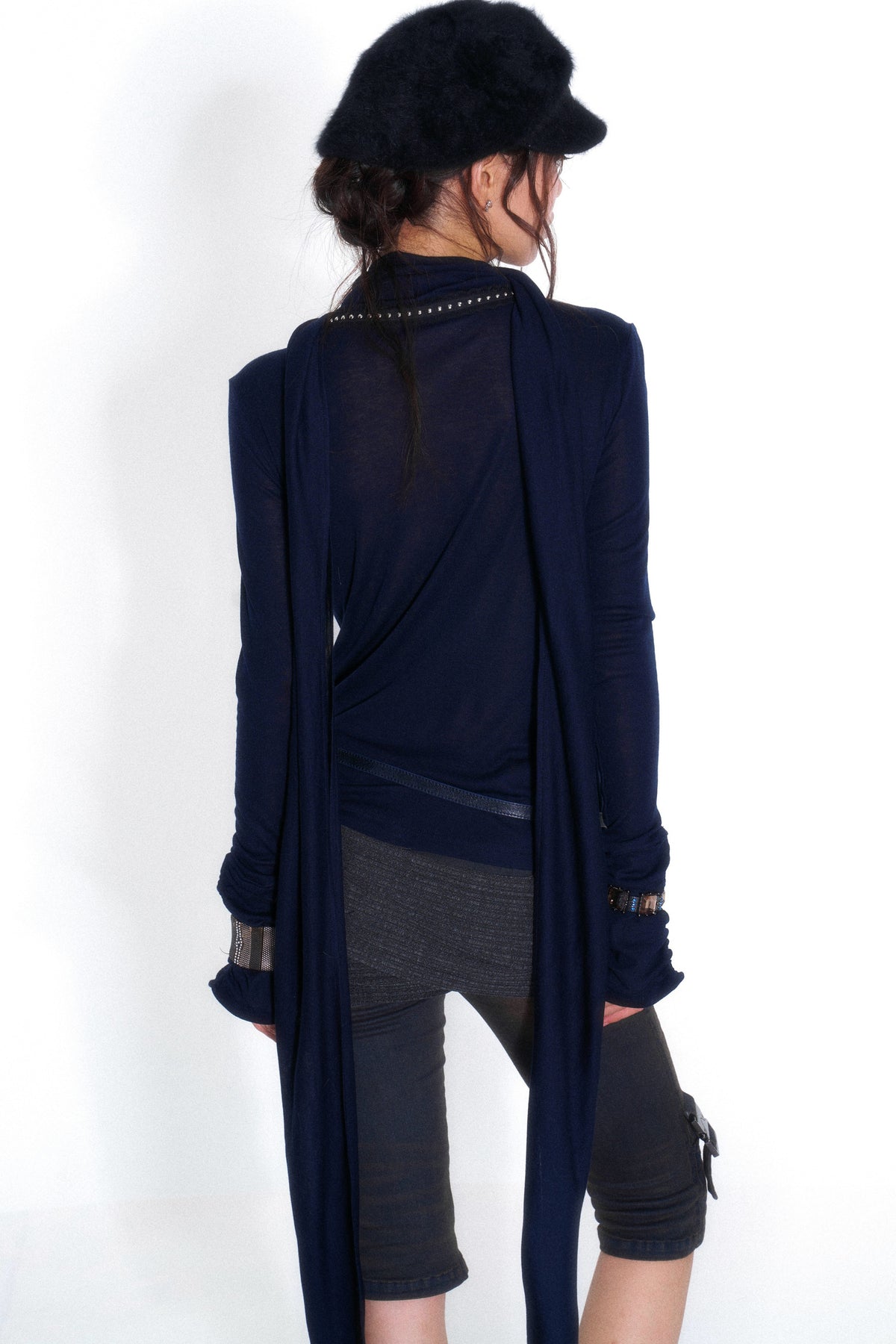 Cross-Neck Tencel Knit Mesh Spliced Long-Sleeved Top