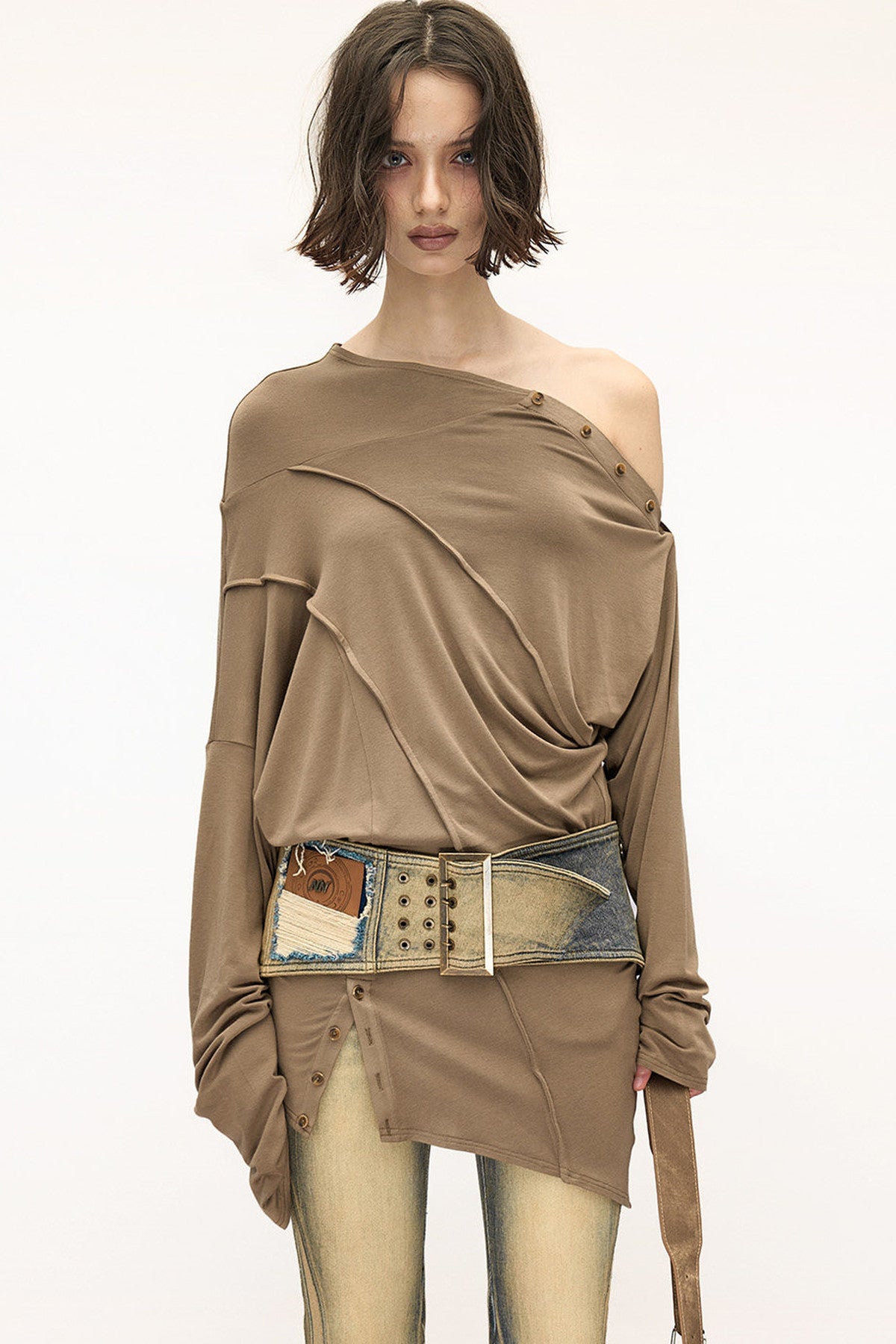 Lyocell Multi-Wear Ruffled Off-Shoulder Irregular Long-Sleeve T-Shirt