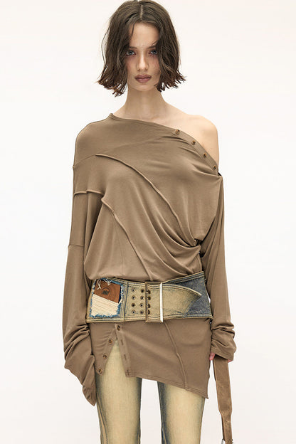 Lyocell Multi-Wear Ruffled Off-Shoulder Irregular Long-Sleeve T-Shirt