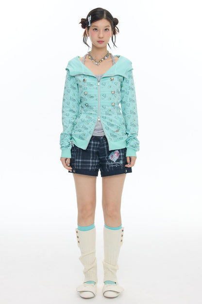 Mint Green Frog Double-Breasted Zipper Jacket