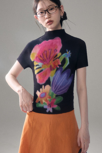Floral Corn Pleat Knit Top