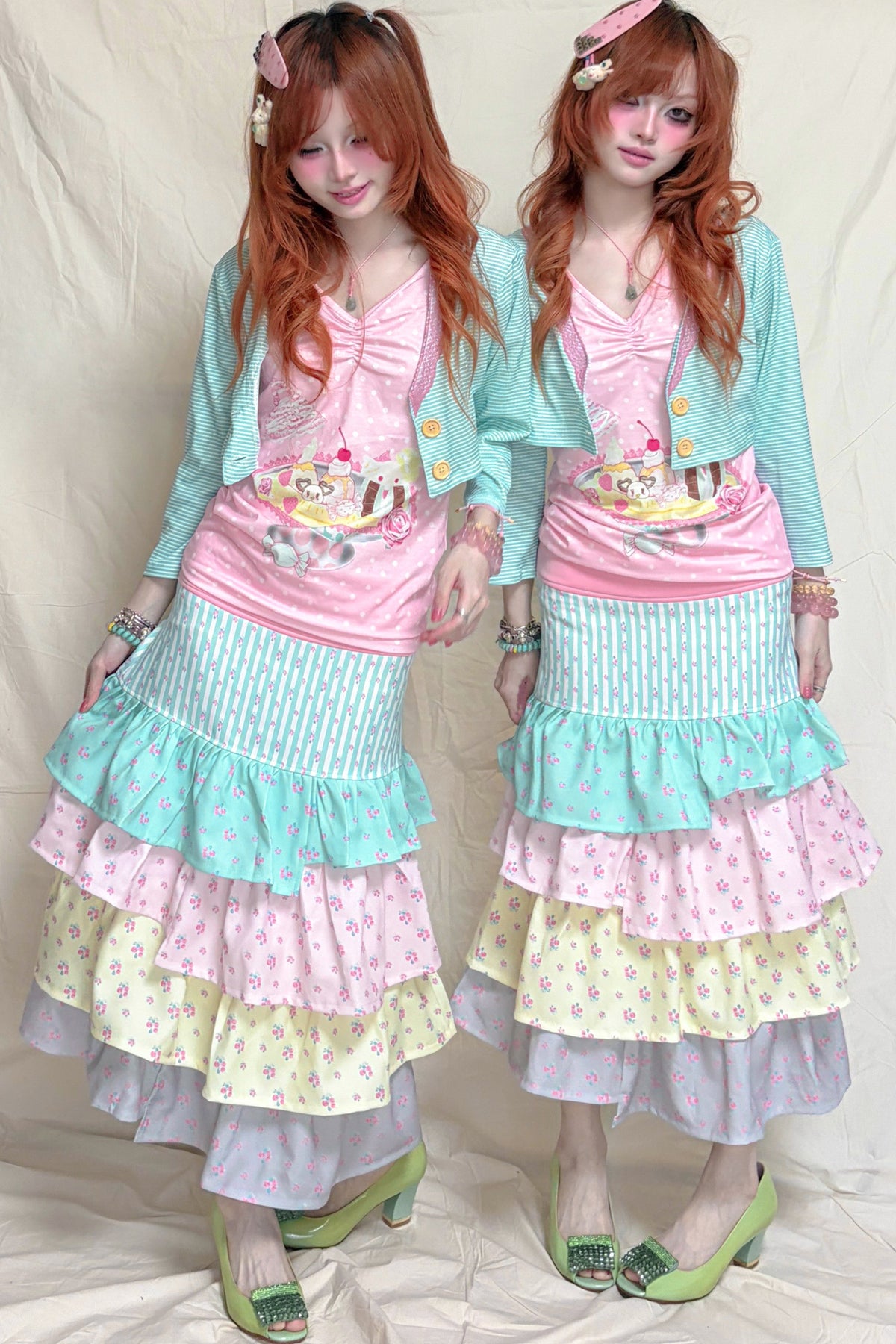 Mint Green Striped Mid-Sleeve Lace Jacket