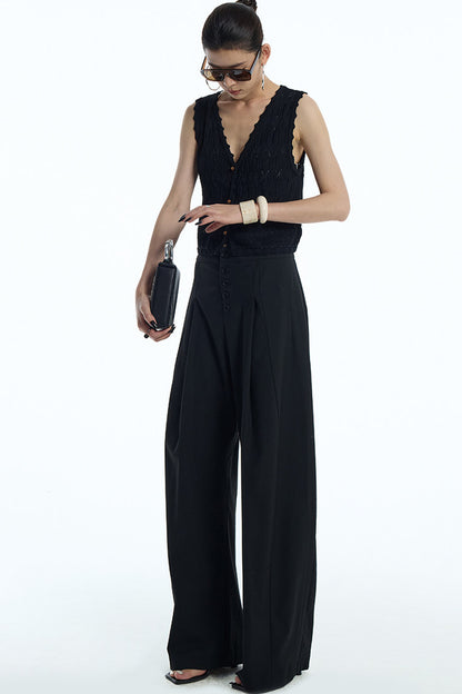 Black Pleated Wide-Leg Trousers