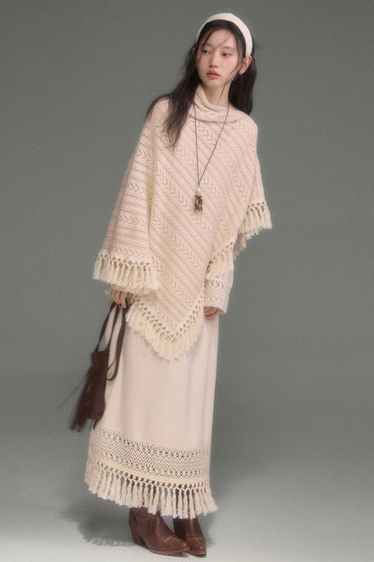Tassel Knit Cape and Dress Set-Up