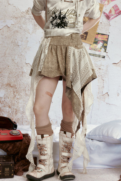 Tie-Dye Denim Ruffle Mesh Ribbon Skirt