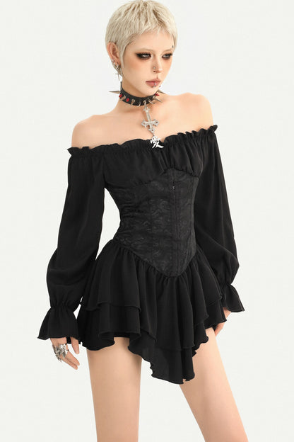 Lantern Sleeve Gothic One-Shoulder Ruffle Dress