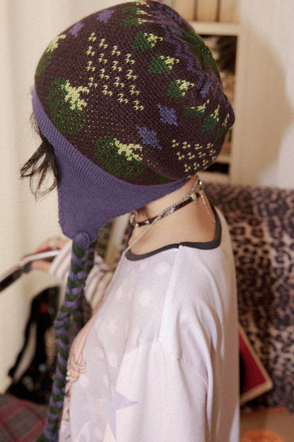 Strawberry Knitted Ear Flap Hat With Tassels