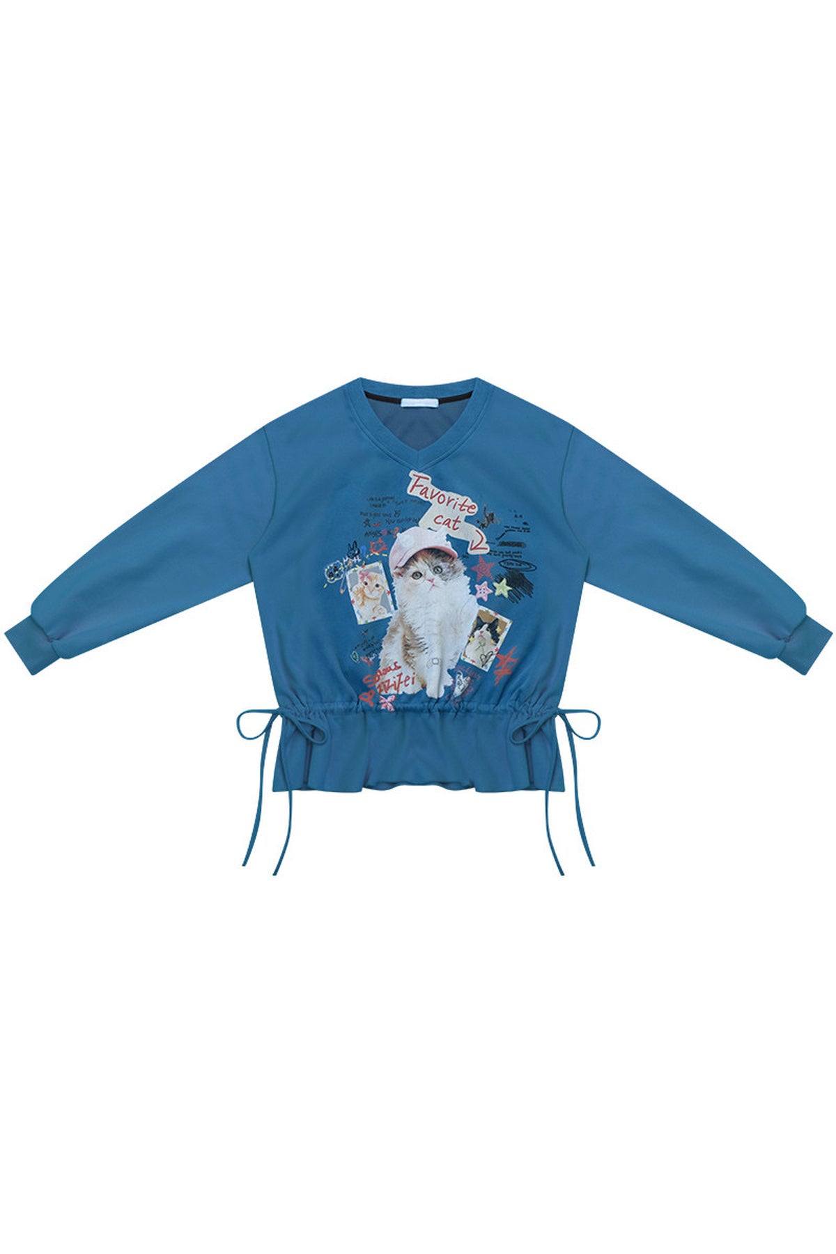 Cat Print V-Neck Sweatshirt