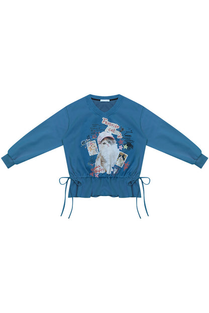 Cat Print V-Neck Sweatshirt