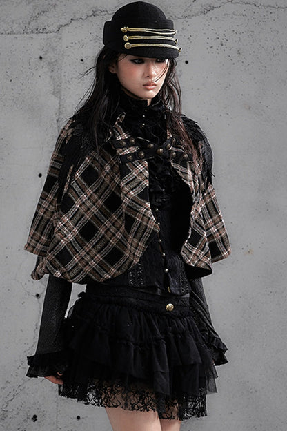 Reversible Wool Blend Plaid Cape