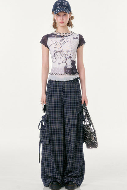 Dark Blue Plaid Wide-Leg Pants