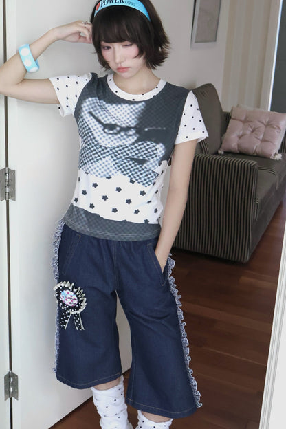 Cat Print Polka Dot T-Shirt