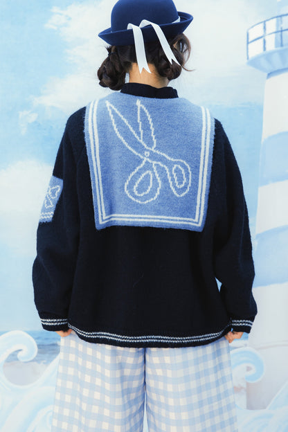Scissors Pattern Sailor Collar Knit Cardigan
