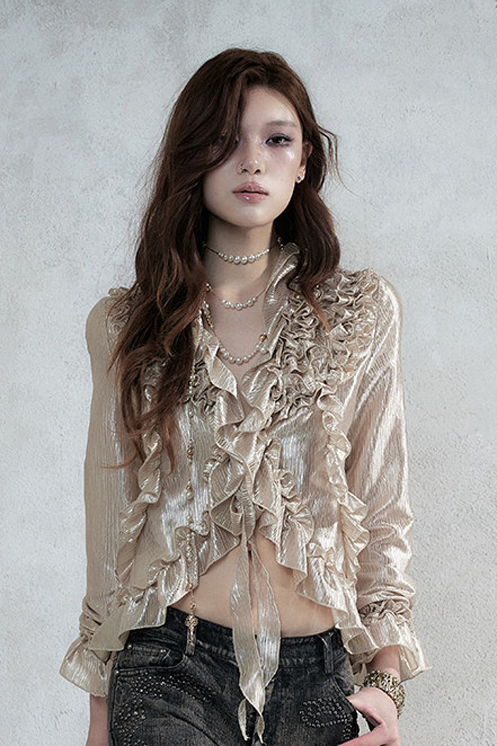 Ruffle Trim Tie Waist Long-Sleeved Blouse
