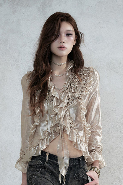 Ruffle Trim Tie Waist Long-Sleeved Blouse