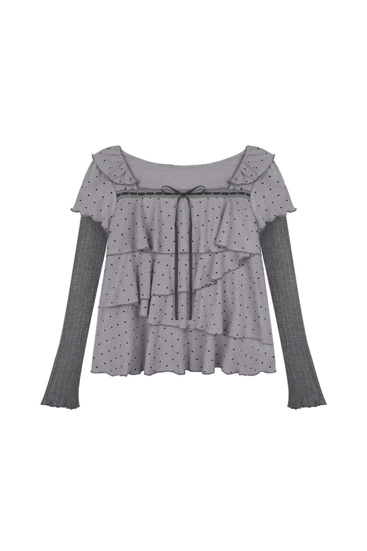 Gray-Purple Cake-Style Ruffle Long-Sleeved Knit Top