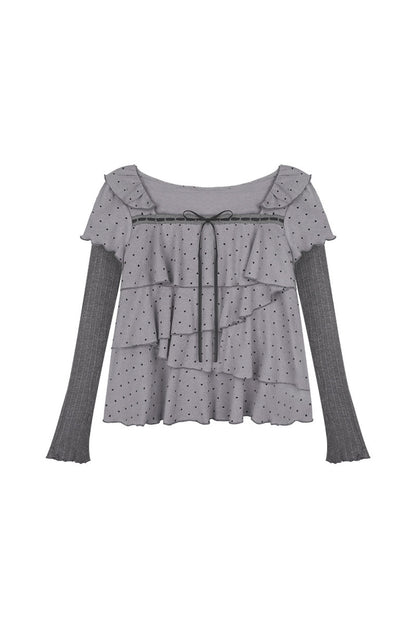 Gray-Purple Cake-Style Ruffle Long-Sleeved Knit Top