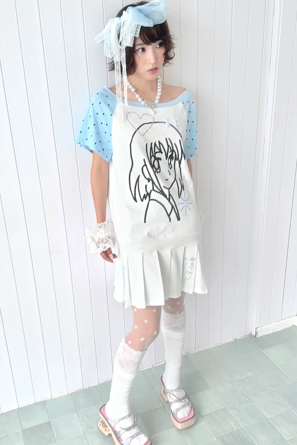Blue White One-Shoulder Pleated Dress