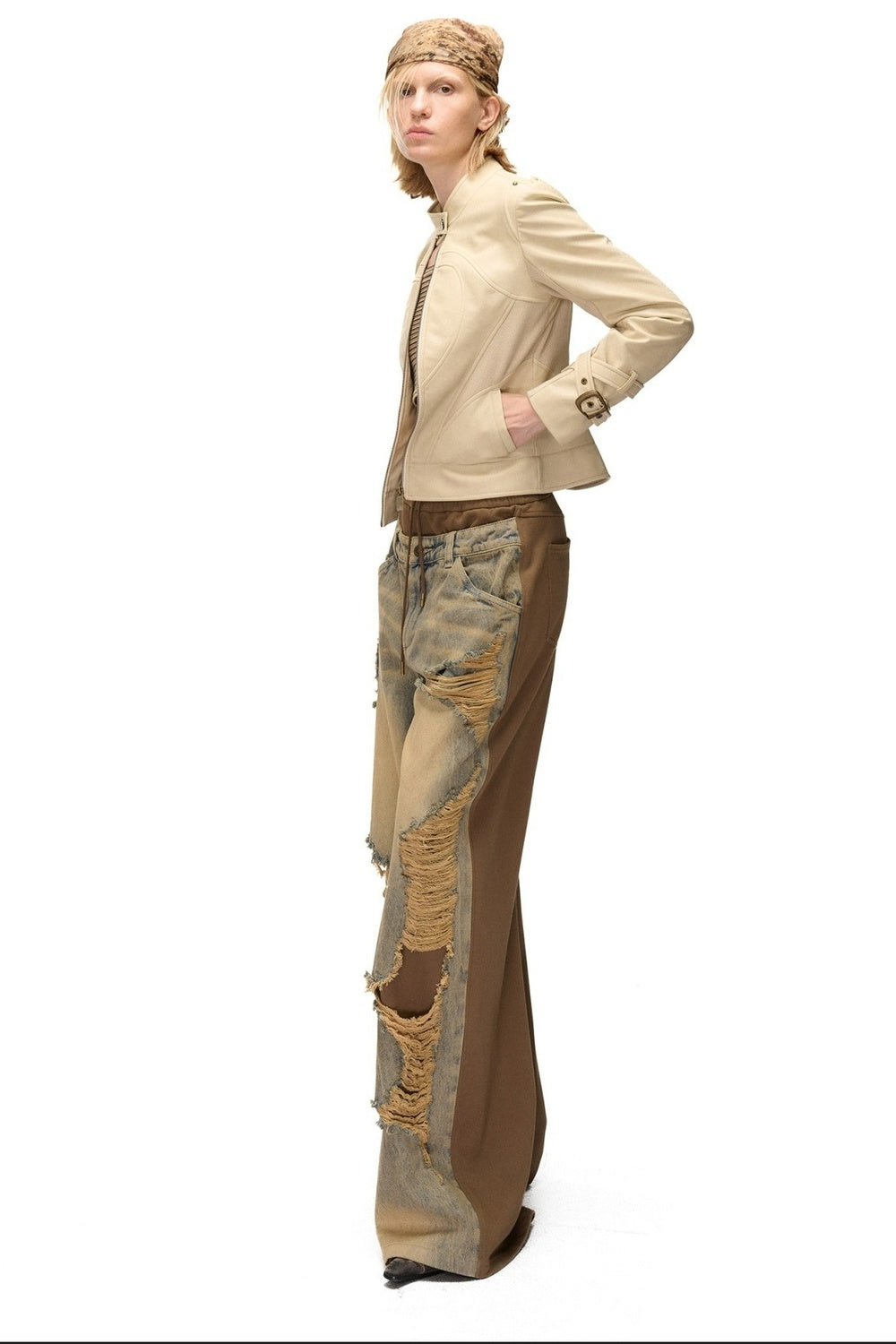Slim-Fitting Functional Spliced PU Leather Jacket