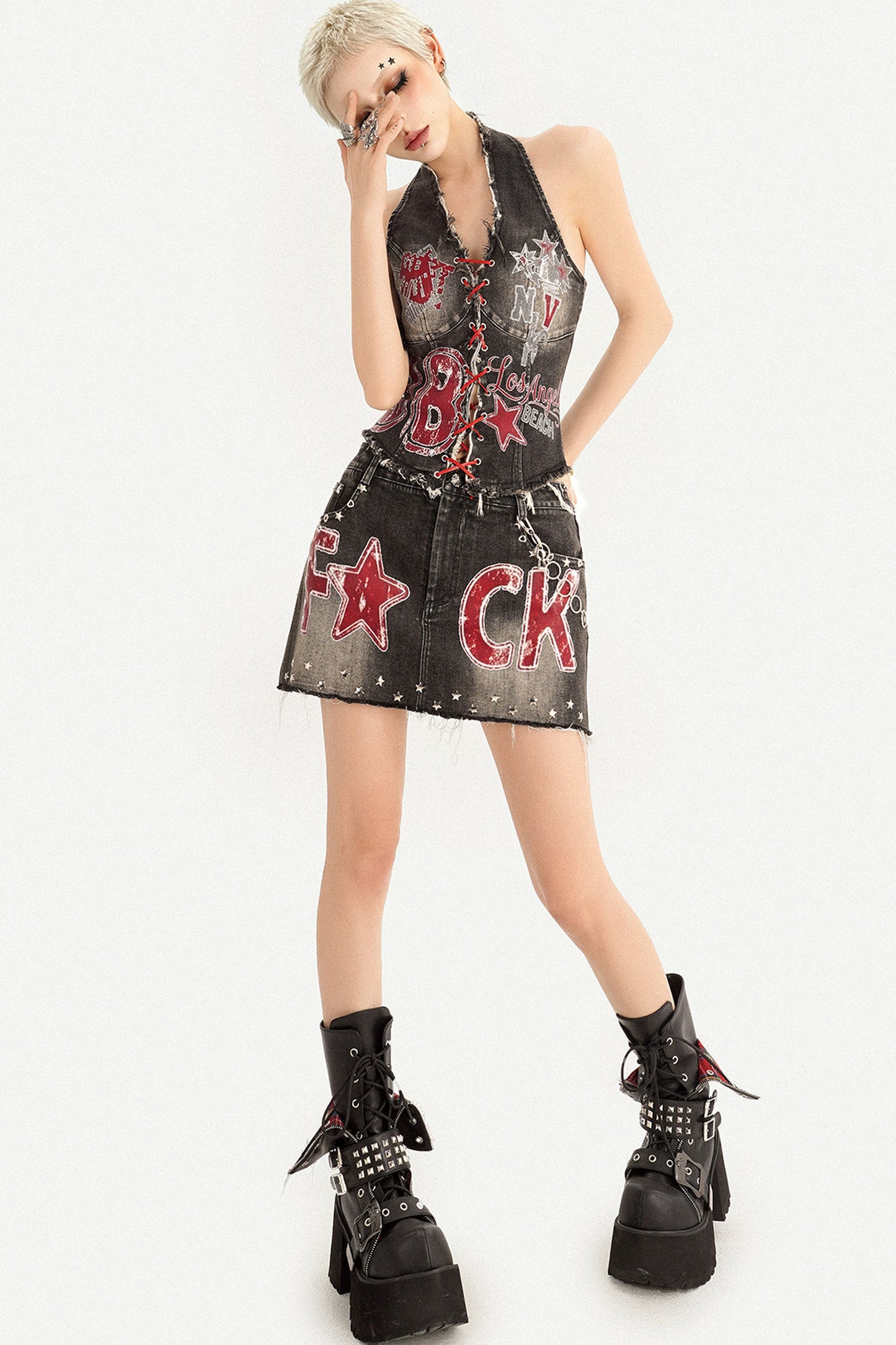 Printed Denim Skirt
