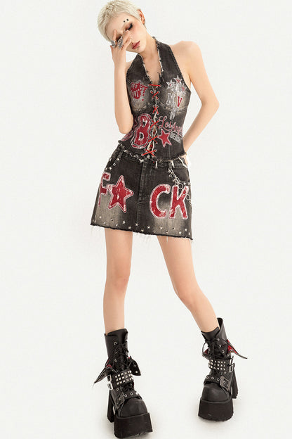 Printed Denim Skirt