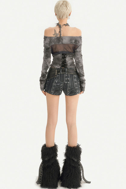 Gray Off-Shoulder Lace-Up Long Sleeve T-Shirt