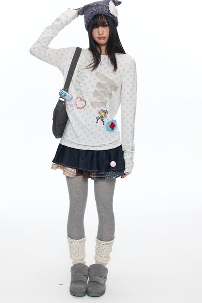 Polka Dot Lace Patchwork Long Sleeve T-Shirt