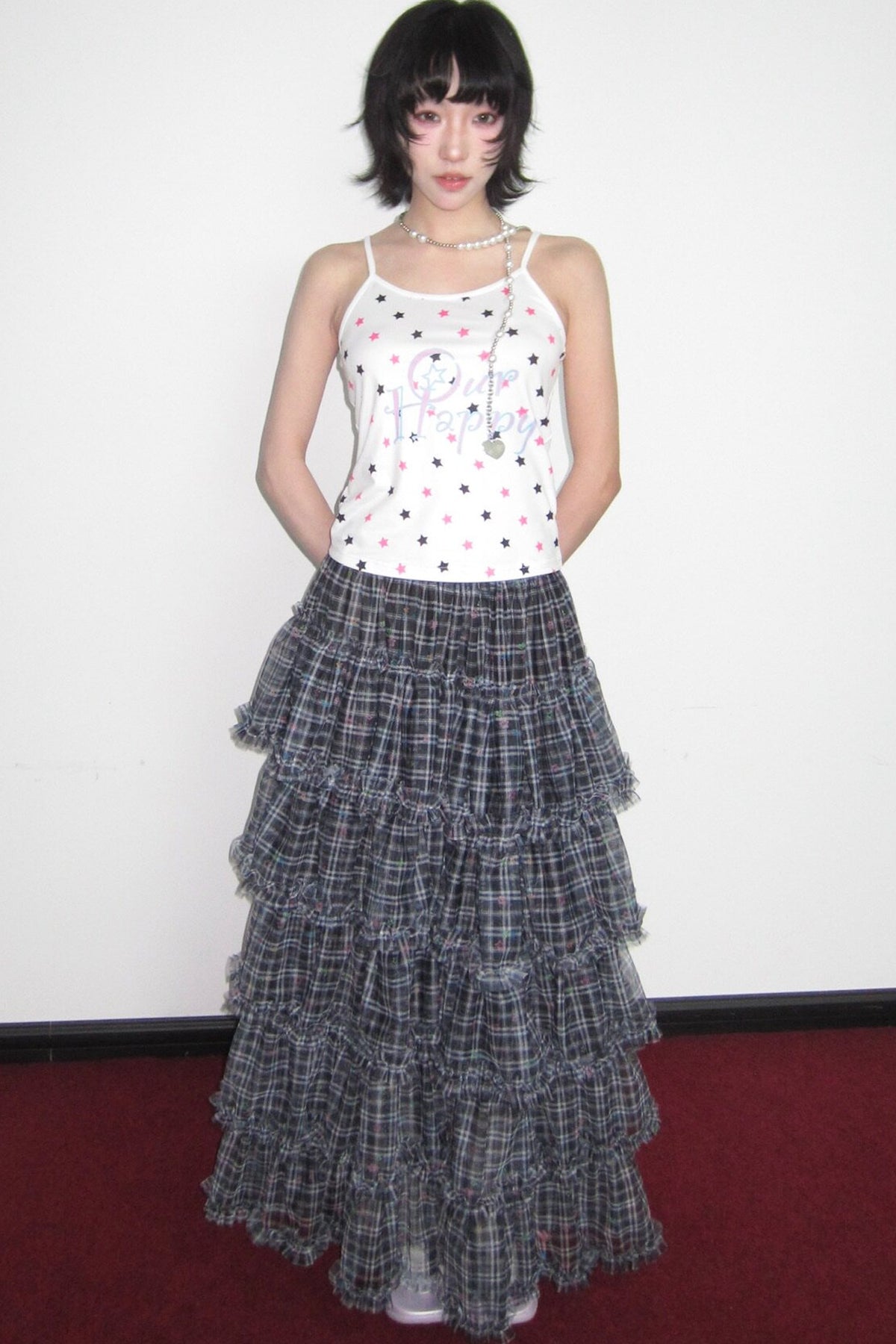Star Plaid Mesh Cake Skirt