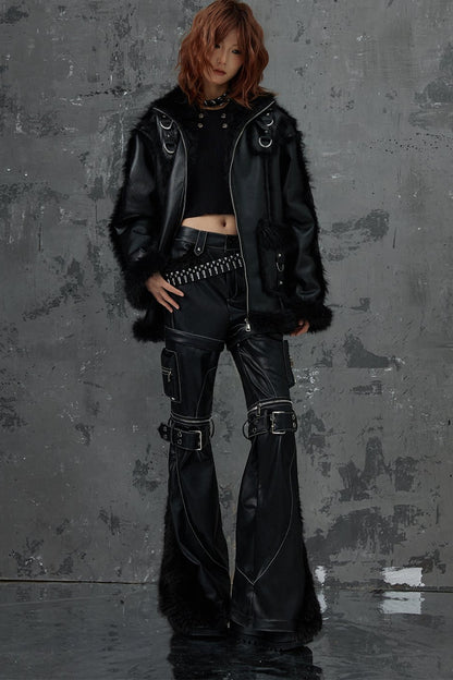 Dark Punk Metal Leather Fur Jacket