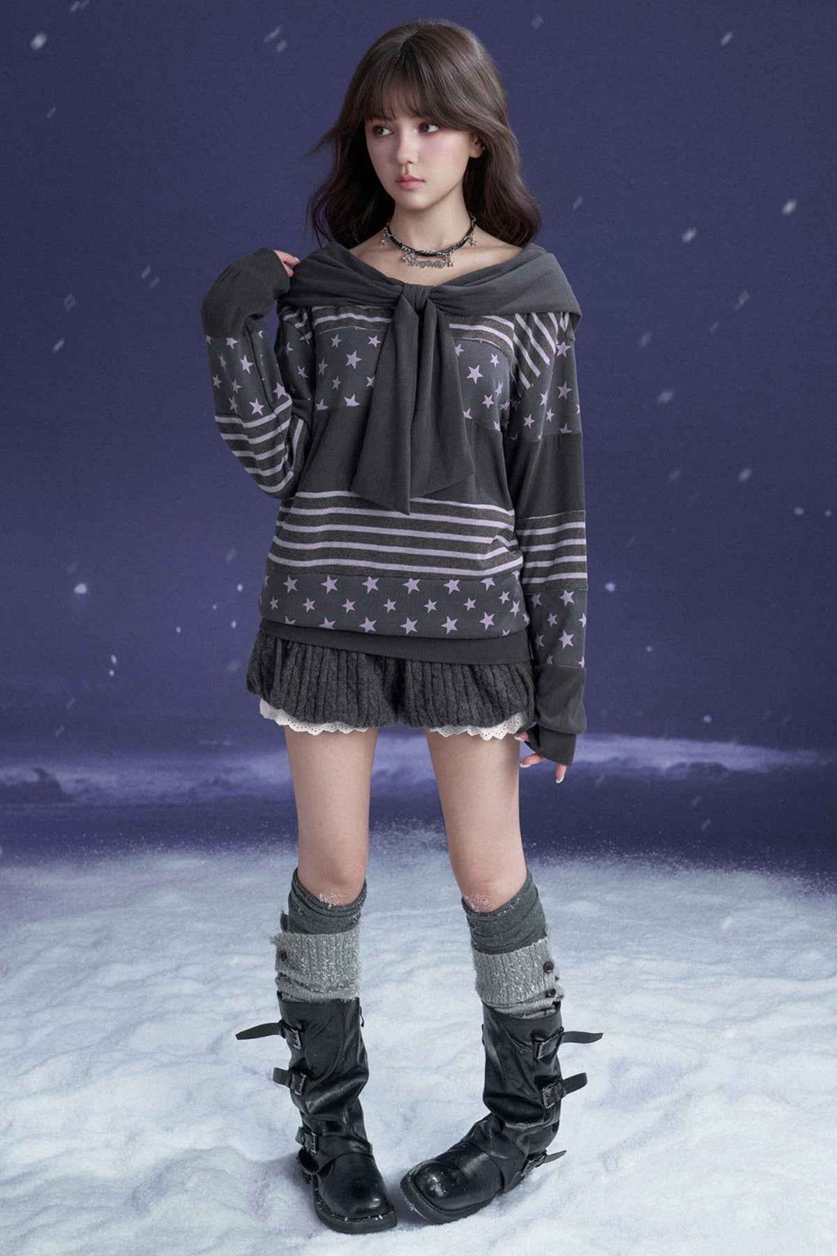 Star Patchwork Bowknot One-Shoulder Hooded Sweatshirt