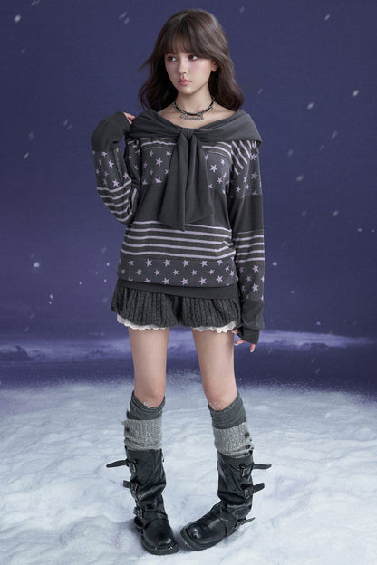 Star Patchwork Bowknot One-Shoulder Hooded Sweatshirt