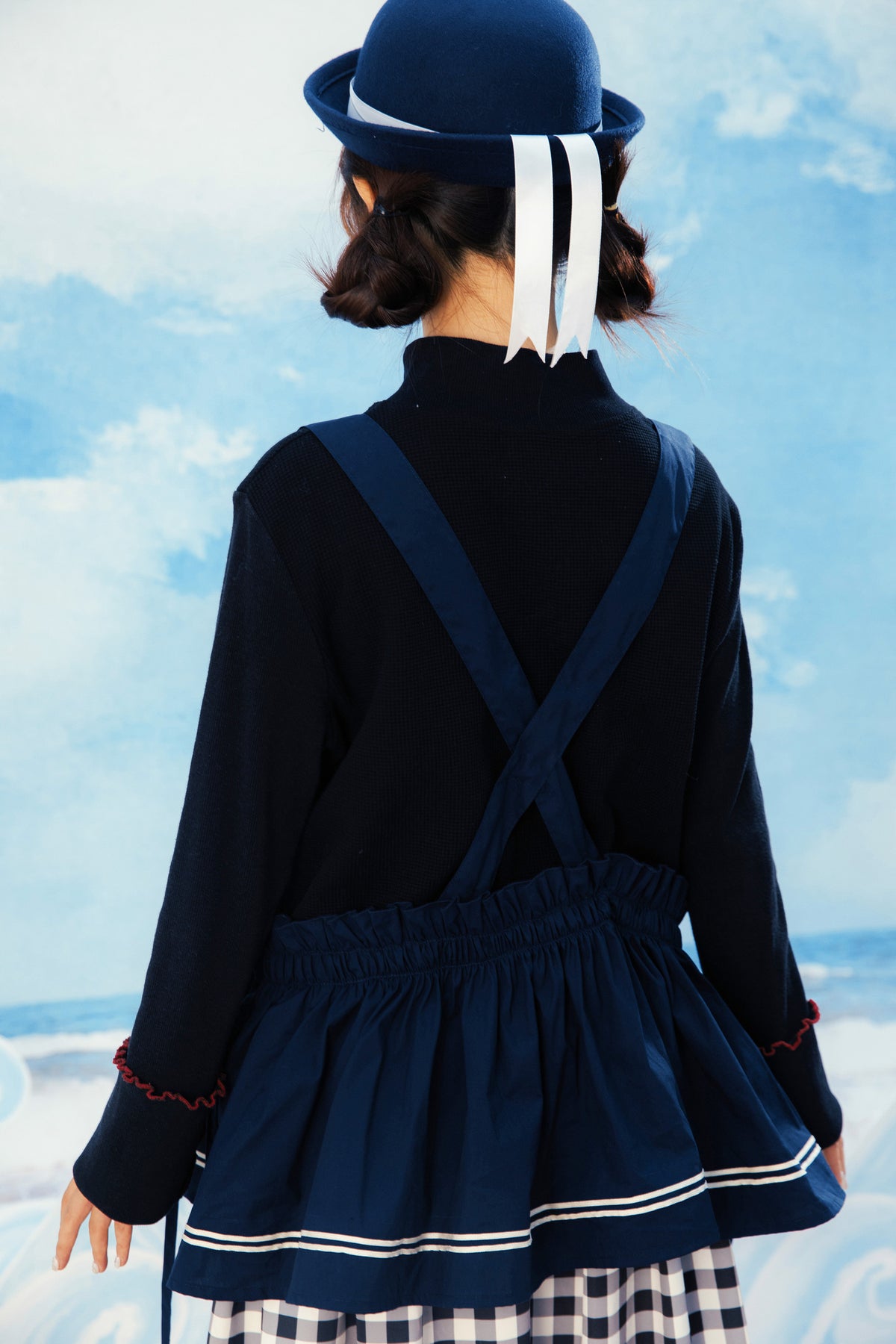 Layered-Look Wolf Embroidery Plaid Apron Dress