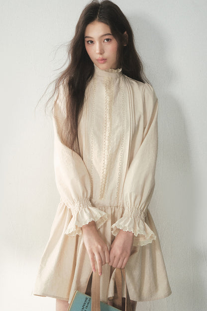 Lace High Collar Ruffle Dress