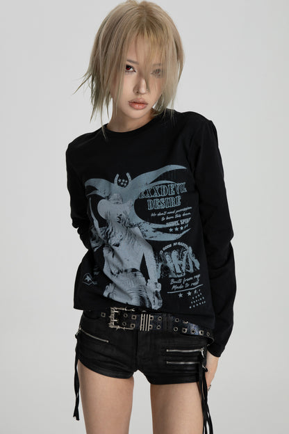 Distressed Digital Print Long Sleeve T-Shirt