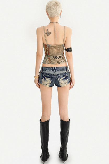 Low Rise Distressed Denim Shorts With Zipper Detail