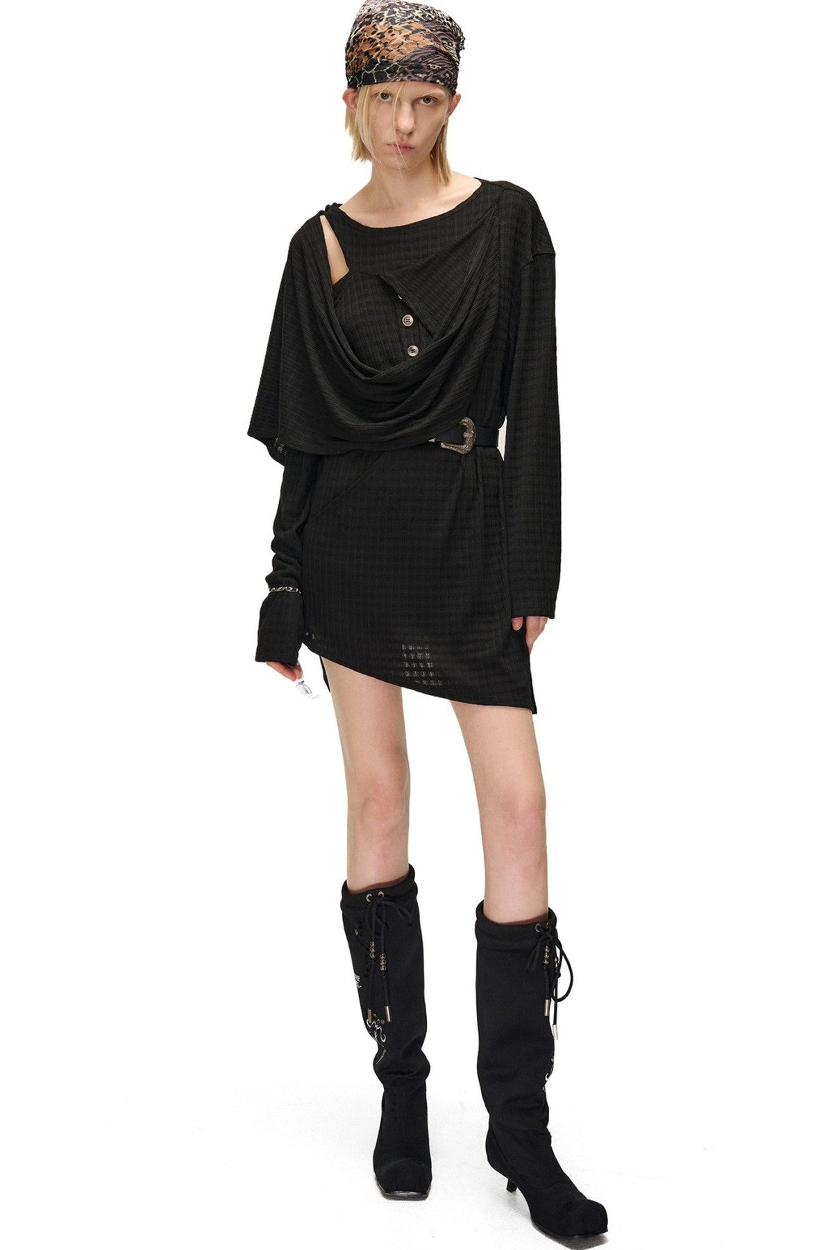 Multi-Wear Layered Waffle Off-Shoulder Ribbon Irregular Dress