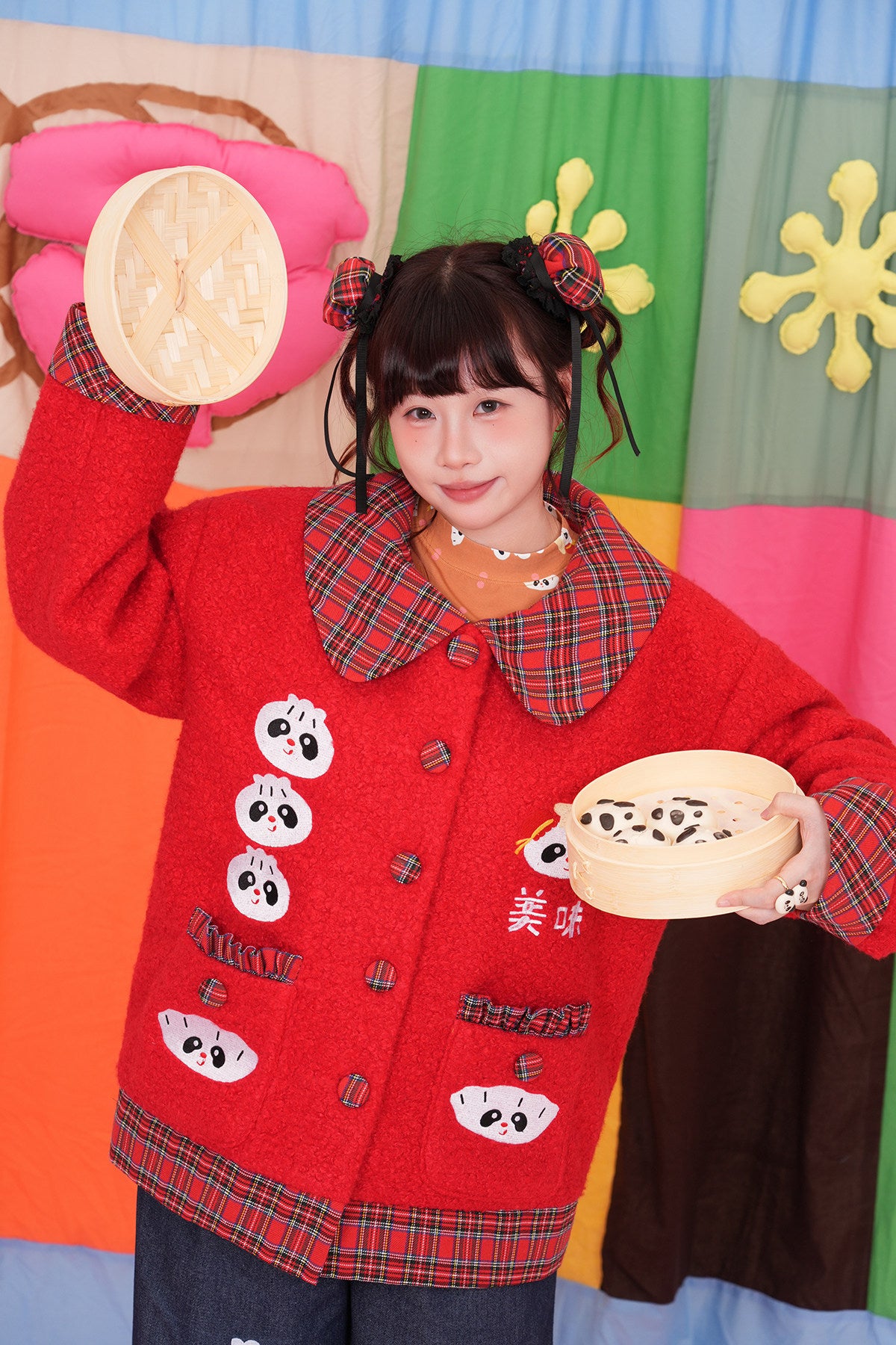 Two-Tone Panda Embroidered Wool Jacket