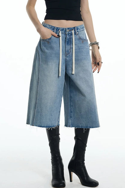 Embroidered Denim Mid-Length Pants