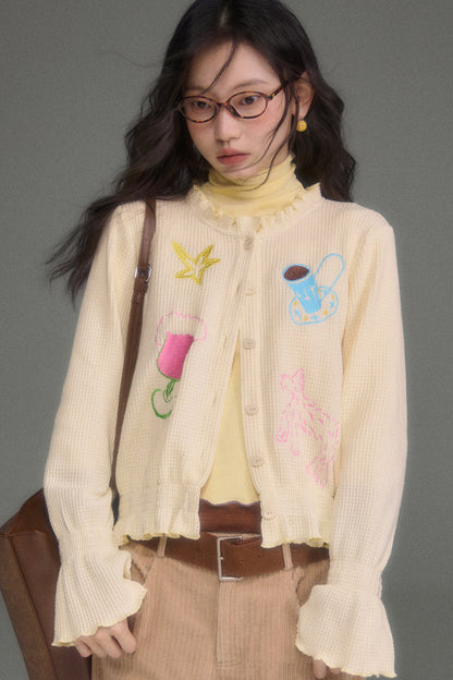Hand-Painted Embroidered Bell-Sleeve Knit Cardigan
