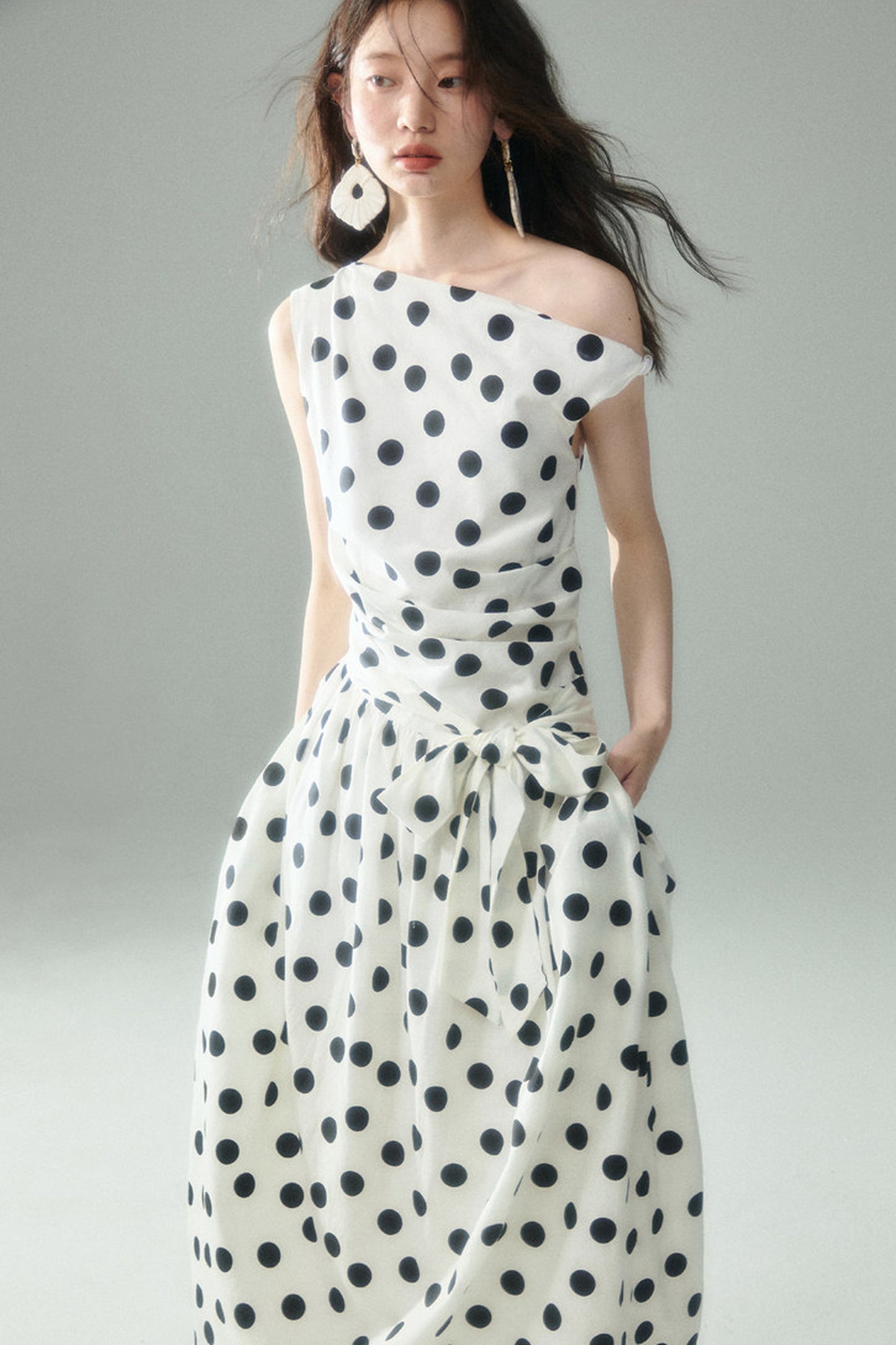 Off-Shoulder Polka Dot Twist Tie Dress