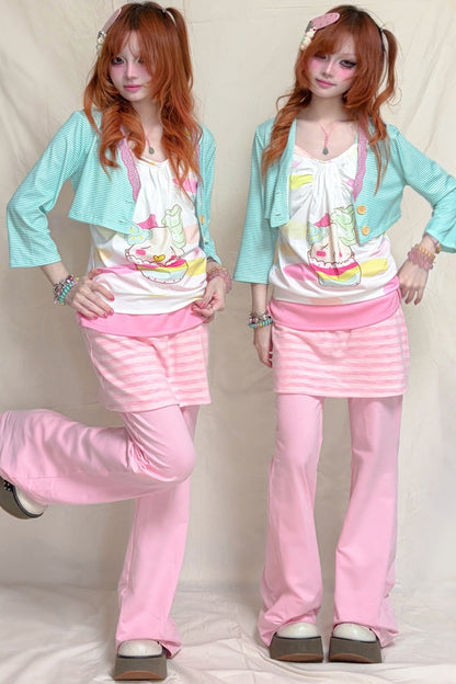 Mint Green Striped Mid-Sleeve Lace Jacket