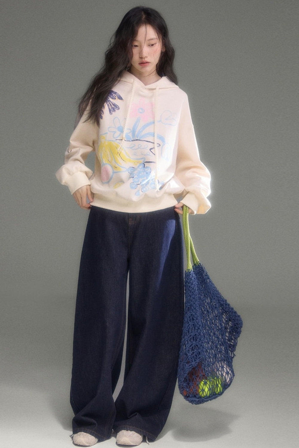 Ear Detail Bird Fruit Print Sweatshirt and Skirt Set-Up